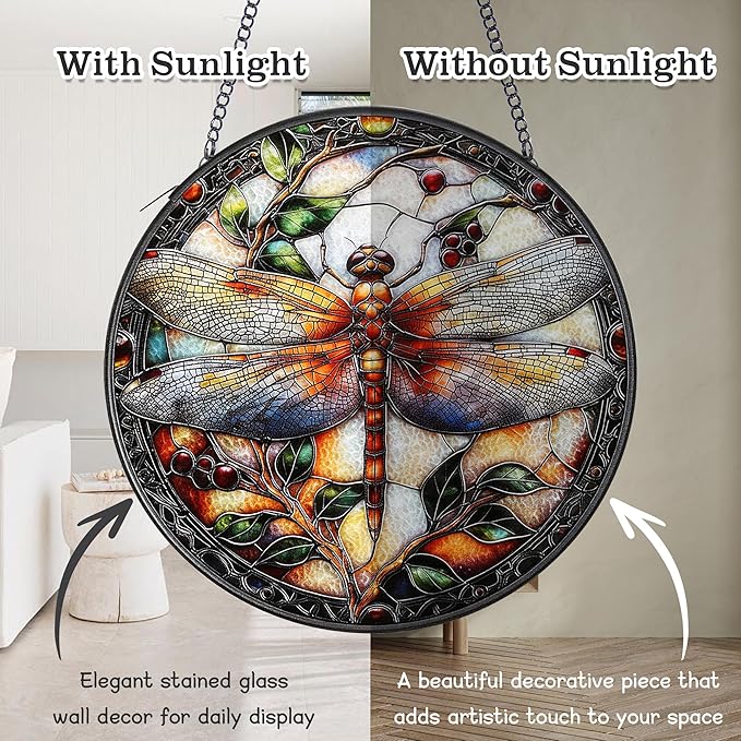 Stained Glass Suncatcher - Dragonfly Stained Glass Window Hanging for Home Decor, Garden & Patio - 6.3 Inch Vibrant Sun Catchers for Windows Hanging - Dragonfly Gifts for Women & Nature Lovers