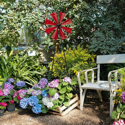 Glitzhome Wind Spinners Outdoor Windmill, 44 Inch Red Metal Wind Spinner Yard Stake with Hand Painted Glossy Finish, Outdoor Garden Lawn Patio Flowerbed Decor