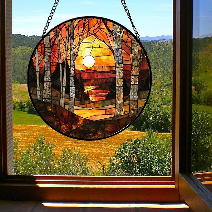 Stained Glass Window Hanging, Orange Red Landscape Forest Lake Moon Suncatcher for Doors Window Home Sun Catchers Decor Mother's Day Birthday Gifts for Women Men Mom 6.3 in