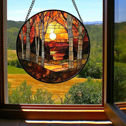 Stained Glass Window Hanging, Orange Red Landscape Forest Lake Moon Suncatcher for Doors Window Home Sun Catchers Decor Mother's Day Birthday Gifts for Women Men Mom 6.3 in