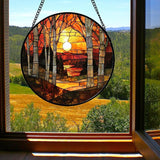Stained Glass Window Hanging, Orange Red Landscape Forest Lake Moon Suncatcher for Doors Window Home Sun Catchers Decor Mother's Day Birthday Gifts for Women Men Mom 11.8 in
