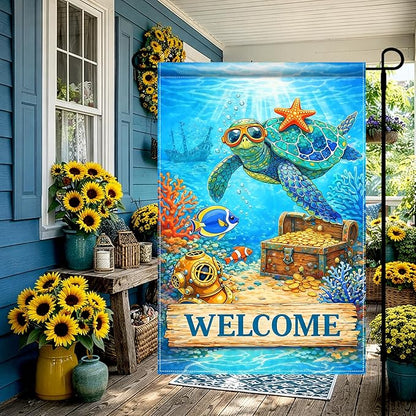 BlissYard Ocean Sea Turtle Welcome Garden Flag 12x18 Double Sided Vertical Outdoor Coastal Decor Underwater Coral Reef Yard Garden Lawn Patio Nautical Summer Banner