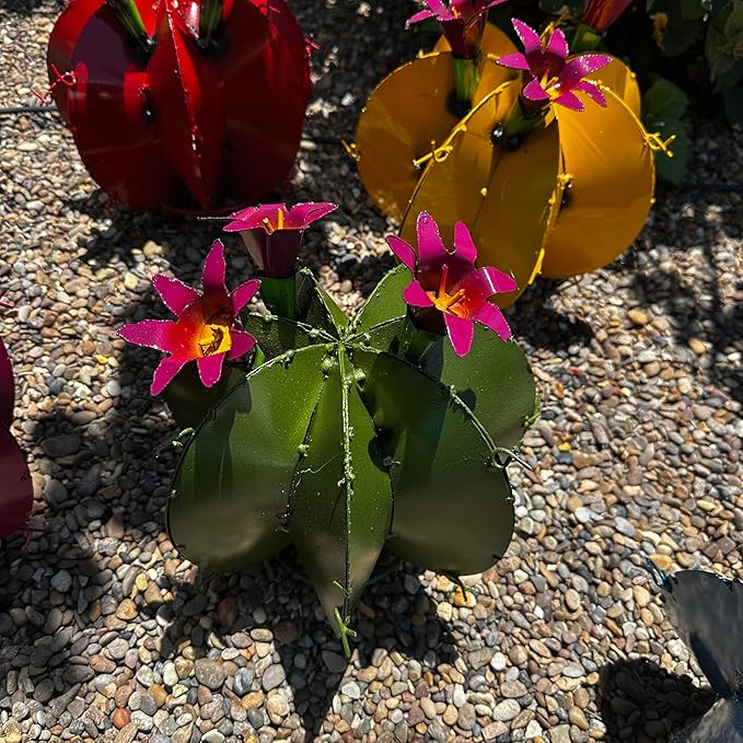 Handmade Metal Bisnaga Cactus with Flowers - Garden Art Decor (Olive)