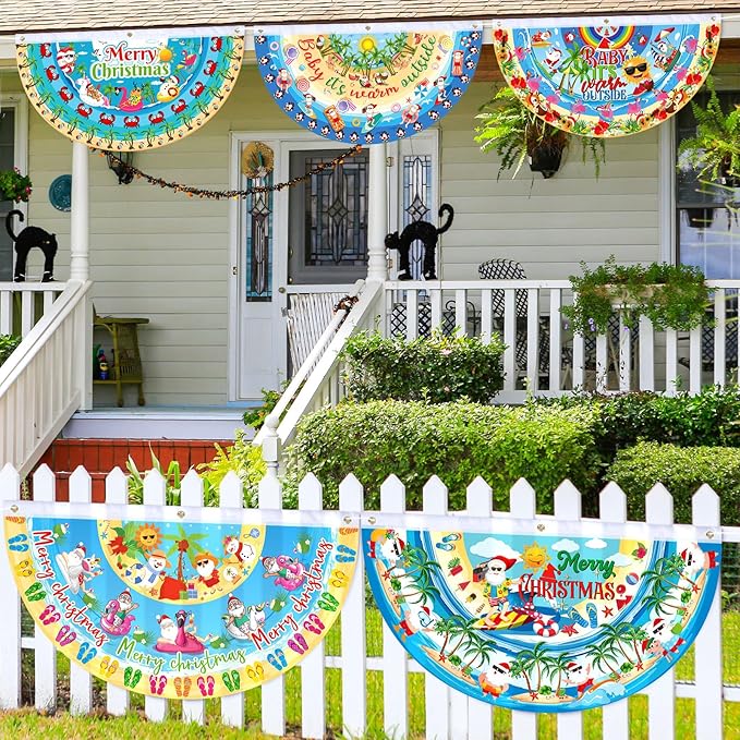 6 Pcs Summer Christmas Bunting Fan Flag July Summer Bunting Flag Hawaii Santa Flamingo Palm Tree Garden Half Fan Banner Decoration for Hawaii Beach Pool Outdoor Yard Decor, 1. 5 x 3 ft