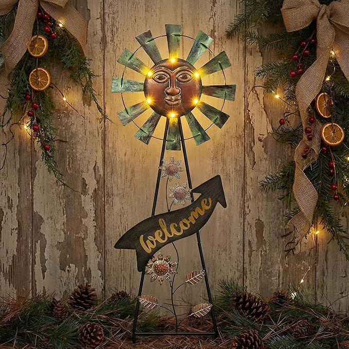 TERESA'S COLLECTIONS Garden Decor with Solar Outdoor Lights, Wind Spinner Yard Art Sign for Outside, 26'' Bronze Metal Sun Face Windmill Decorative Garden Stake for Lawn Ornaments, Gifts for Mom