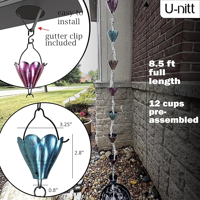 U-nitt Rain Chain Water Collection for Gutters Rainwater Catcher & Diverter, 8.5 FT Chains for Outside Garden, Multi Color Cups, Roof Downspout, Works with Heavy Rain, w/Gutter Clip for Rainchains