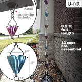 U-nitt Rain Chain Water Collection for Gutters Rainwater Catcher & Diverter, 8.5 FT Chains for Outside Garden, Multi Color Cups, Roof Downspout, Works with Heavy Rain, w/Gutter Clip for Rainchains