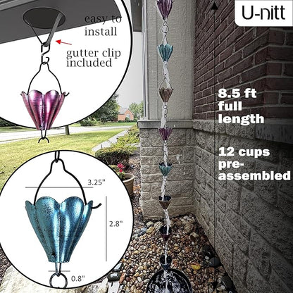 U-nitt Rain Chain Water Collection for Gutters Rainwater Catcher & Diverter, 8.5 FT Chains for Outside Garden, Multi Color Cups, Roof Downspout, Works with Heavy Rain, w/Gutter Clip for Rainchains