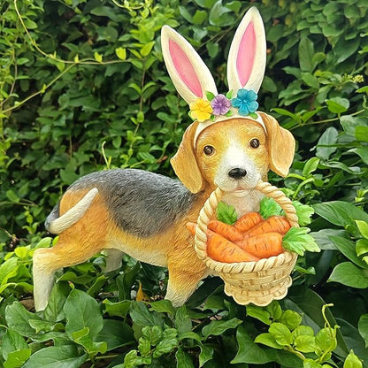 Cynkeyee Dog Garden Statue Decoration - Cute Puppy Beagle Statues with Bunny Ears Carrot Basket Figurines for Tabletop Self Floor Indoor Decor 11.5x4x10.5 inch