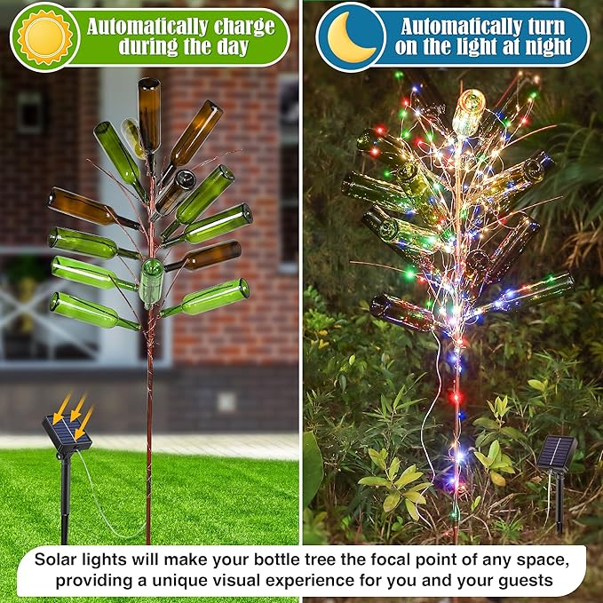 Meonum Solar Light Bottle Tree, 61" Metal Garden Sculpture for Yard & Patio Decor, Colorful Outdoor Wine Holder for Garden & Lawn Decoration, Holds 24 Glass Containers(Bronze)