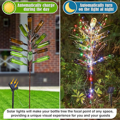 Meonum Solar Light Bottle Tree, 61" Metal Garden Sculpture for Yard & Patio Decor, Colorful Outdoor Wine Holder for Garden & Lawn Decoration, Holds 24 Glass Containers(Bronze)