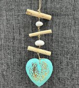 Heart Driftwood Hanging Coastal Decor - Beach Wood Stone Garland Indoor Outdoor Patio Garden Gift 15" Teal