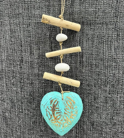 Heart Driftwood Hanging Coastal Decor - Beach Wood Stone Garland Indoor Outdoor Patio Garden Gift 15" Teal
