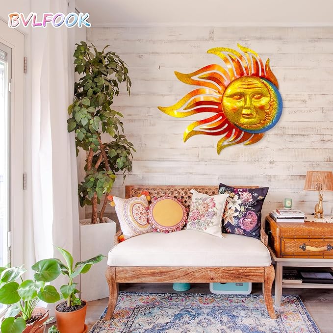 Large Flame Sun Wall Art Decor, 42 inch Metal Wall Decor, Retro Hanging Flame Sun Valentine Wall Decorations for Patio Yard Garden Fence Living Room Bedroom