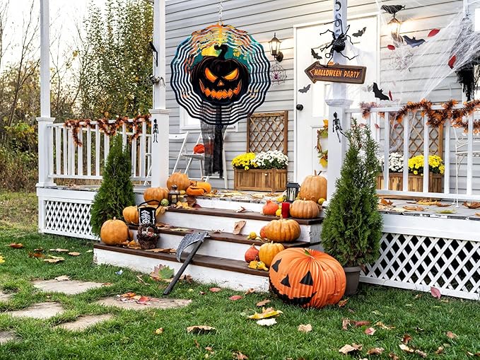 Halloween Pumpkin Wind Spinner Outdoor Decorations, 12in Large Metal 3D Kinetic Wind Sculptures Hanging for Halloween Yard Garden Decor