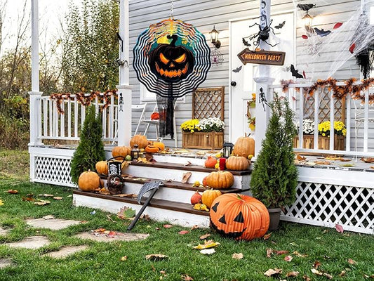 Halloween Pumpkin Wind Spinner Outdoor Decorations, 12in Large Metal 3D Kinetic Wind Sculptures Hanging for Halloween Yard Garden Decor