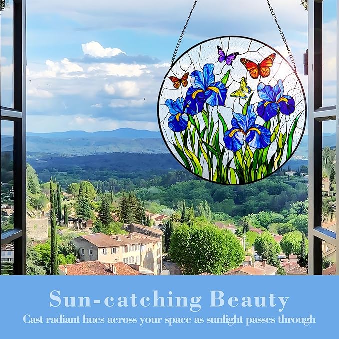 Stained Glass Window Hanging Iris Flower Suncatcher, Renyalora 10 Inch Round Glass Sun Catcher for Window Outdoor Garden Decor Butterfly Wall Art for Home, Patio, Porch Gift for Nature Lovers & Women