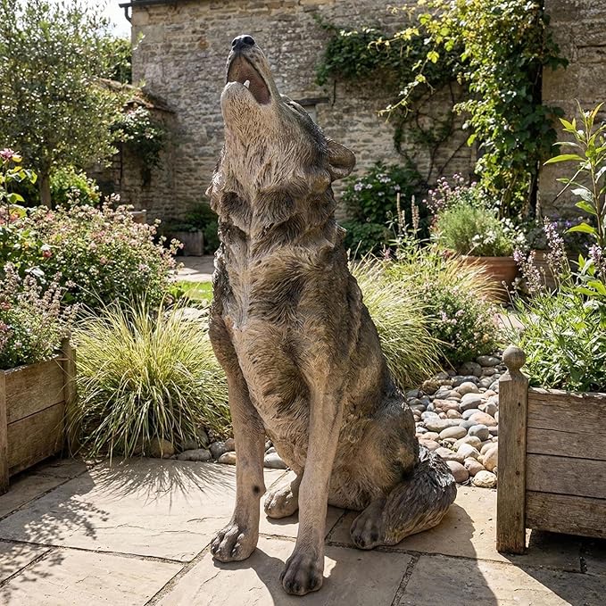 29.72" H x 17.91" L Large Howling Wolf Statue for Garden, Outdoor Sculpture, Animal Decor for Yard Porch Entryway Patio Living Room (Large, Howling Wolf)