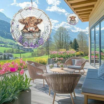 Highland Cow Wind Spinners Outdoor, Hanging Wind Spinner for Garden Decoration, 8 inch 3D Stainless Steel Metal Wind Sculpture for Indoor/Outdoor Decor