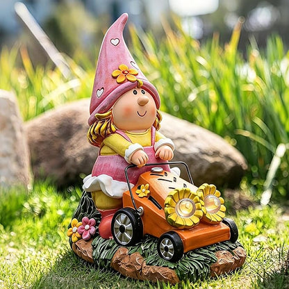 Solar Gnomes Decorations for Fairy Garden Accessories, Fairies Gnome Riding Lawn Mower Figurines for Proch Yard Lawn Outdoor Decor, Mother's Day Unique Gifts for Women