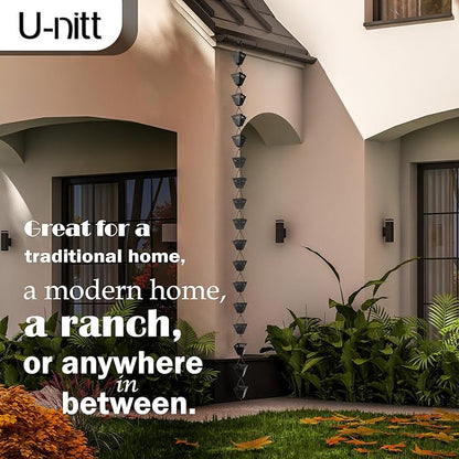 U-nitt Rain Chain Water Collection for Gutters Rainwater Catcher & Diverter, 8.5 FT Chains for Outside Garden, Black Square Cups, Roof Downspout, Works with Heavy Rain, w/ Gutter Clip for Rainchains