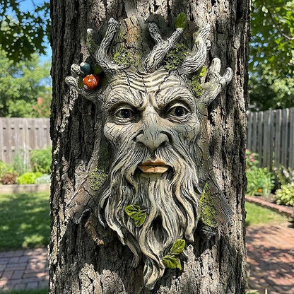 10" Whimsical Tree Face Sculpture, Garden Peeker Statue, Outdoor Trunk Tree Huggers Art, Landscape Accent Ornament, Hanging Fairy Elve Figurine for Yard Art, Trees Decor Wall Mounted Statues