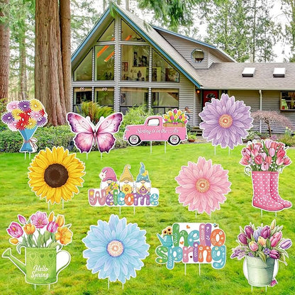 Amyhill 12 Pack Hello Spring Yard Decoration Outdoor Flower Garden Lawn Stake Signs with Stakes Waterproof Spring Garden Decor for Holiday Party Patio Lawn Walkway Outside (Retro Style)