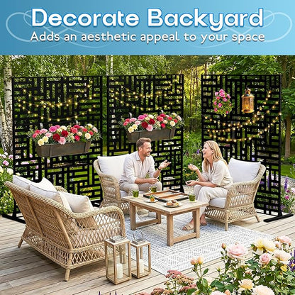 MTART Metal Privacy Screen 72" H x 47.2" Decorative Outdoor Privacy Screen Privacy Panel with Stand for Balcony Deck Patio Lawn Garden, Privacy Fence (Black-Street)