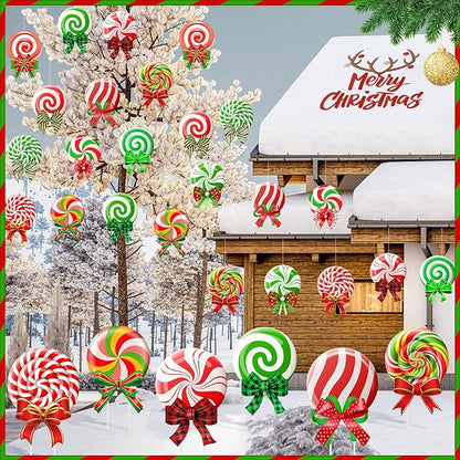Huwena 30 Pcs Christmas Outdoor Hanging Decorations Snowflakes Candy Yard Signs Include 6 Plastic Yard Stakes 24 Double Sided Ornaments for Christmas Winter Holiday Garden Tree Decor(Candy Cane)