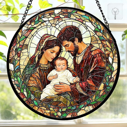 7.8 Inch Stained Glass Window Hanging Baby Jesus and The Holy Mother Mary Family Sun Catcher Indoor Window Door Wall Yard Home Decor Colorful Glass Panel Suncatcher Religious Christian Gifts for Women
