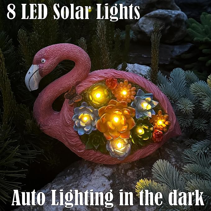 Mood Lab Garden Decor Flamingo Statue - 9 Inch Width Solar Figurine - 8 LED Solar Lights in Succulent Flowers - Yard Patio Lawn Indoor Outdoor Decoration