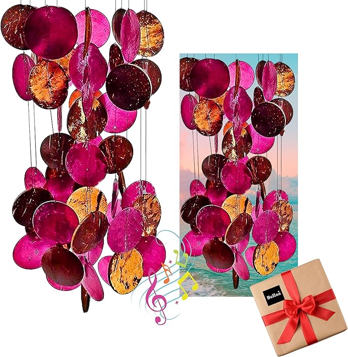 Bellaa Wind Chimes for Outside Capiz Sea Glass Shells 27 inch Outdoor Windchimes Home Garden Patio Yard Lawn Unique Gifts Mom Grandma (Y Pink Round)