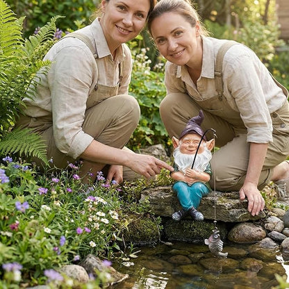 Garden Gnome Fishing Statue, 9.7" Koi Pond Decor with Glow in Dark Pebbles, Great Gift for Mom