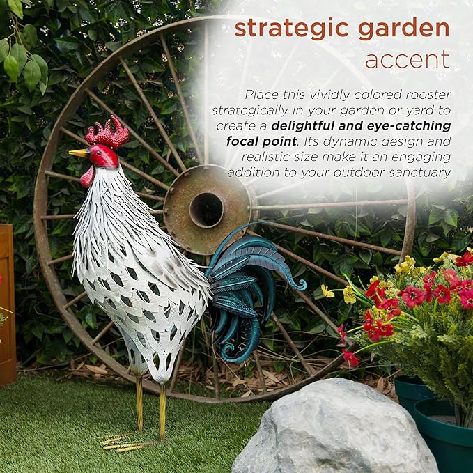 Alpine Corporation 28" Tall Outdoor Metal Feathered Rooster Statue with Vibrant Design, Garden Decor, White/Black