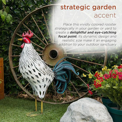 Alpine Corporation 28" Tall Outdoor Metal Feathered Rooster Statue with Vibrant Design, Garden Decor, White/Black