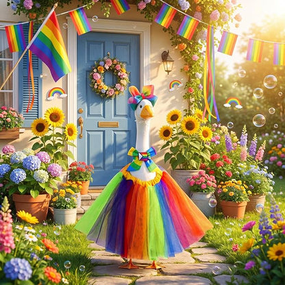 Abbylike Rainbow Porch Goose Outfit Pride Goose Outfit LGBTQ Lawn Geese Costume Clothes with Bow Headband and Tie Fits 23" Cement Geese Statue for Pride Month Outdoor Garden Yard Patio Art Decor