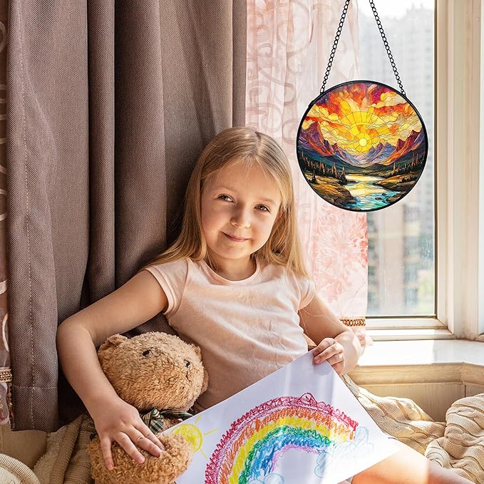 Mountain Sunset Landscape Suncatcher Stained Glass Window Hanging, Nature Landscape Sun Catchers Indoor Window Glass Wall Art Decor, Mountain Wall Hanging Decor Decorations, 7.9x7.9 Inch