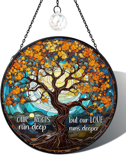 Tree of Life Stained Glass Window Hanging Family Tree Suncatcher for Door Home Decor Desk Decorations Gifts for Women (Glass-Roots Deep, 7.8x7.8 in)
