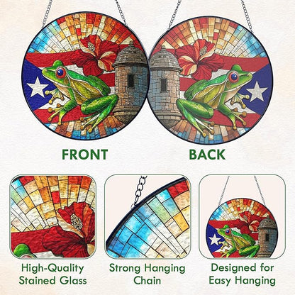 FLAGWIX Puerto Rico Gifts - Stained Glass Window Hanging 8 in for Home Garden Decor - Puerto Rican Gifts for Women Men, Coqui Sun Catchers Indoor Window, House Warming Gift for Mom Dad Friend
