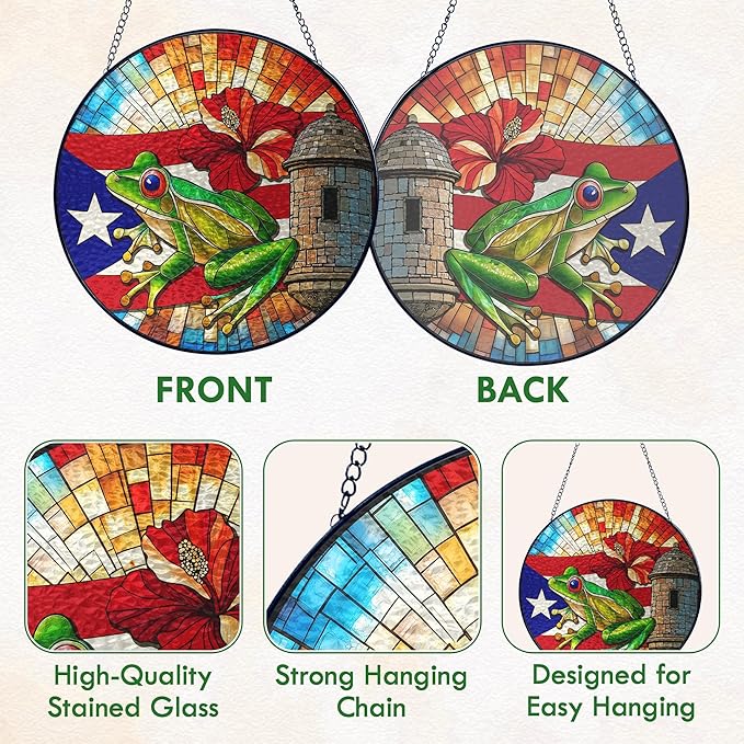 FLAGWIX Puerto Rico Gifts - Stained Glass Window Hanging 10 in - Puerto Rican Gifts for Women Men, Coqui Sun Catchers Indoor, House Warming Gift for Mom Dad Puerto Rican, Friend Gift Ideas
