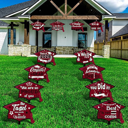 Chunful 12 Pack Graduation Yard Signs Grad Decoration 2026 Happy Graduate Lawn Garden Sign with Stake Congrats Outdoor Plastic Cap Hanging Ornament for Class Pathway Walkway Porch Party(Maroon)