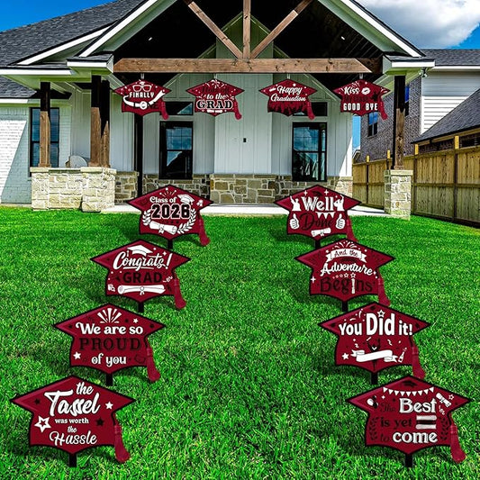 Chunful 12 Pack Graduation Yard Signs Grad Decoration 2026 Happy Graduate Lawn Garden Sign with Stake Congrats Outdoor Plastic Cap Hanging Ornament for Class Pathway Walkway Porch Party(Maroon)