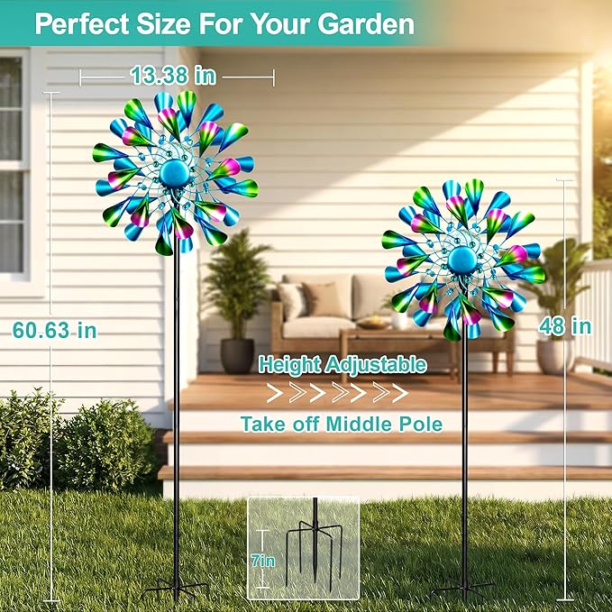 Solar Wind Spinner Outdoor Metal - Peacock Kinetic Garden Sculptures with Color-Changing LED Lights, Waterproof Wind Catchers Yard Art Decor for Patio Lawn, for Women (Green)