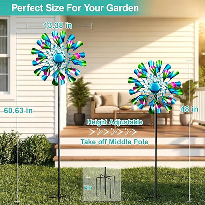 Solar Wind Spinner Outdoor Metal - Peacock Kinetic Garden Sculptures with Color-Changing LED Lights, Waterproof Wind Catchers Yard Art Decor for Patio Lawn, for Women (Green)