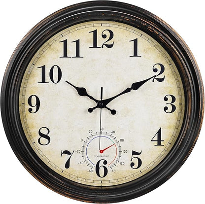 Large Outdoor Clocks Waterproof with Thermometer Combo Vintage Wall Clock Decor for Bathroom Patio Pool Garden(16 Inch)