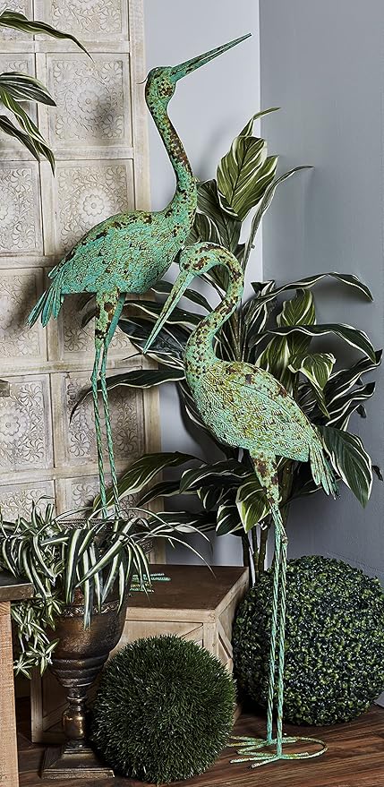 Deco 79 Metal Crane Decorative Garden Sculpture Indoor Outdoor Garden Statues with Coiled U Shaped Feet, Set of 2 Outdoor Sculptures 19"W, 47"H, Green