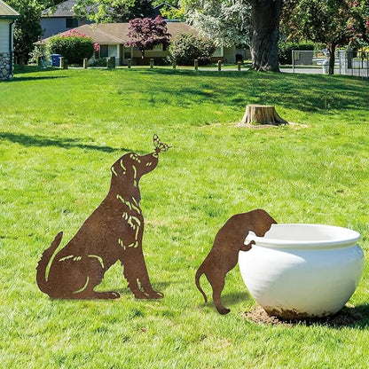 Rusty Metal Dog Cat Garden Stakes, 2 Pcs Decorative Garden Stakes Animal Silhouette Statues for Yard Art Outside, Lawn,Patio, Outdoor Decor,Cat Dog Decor for Animals Lovers