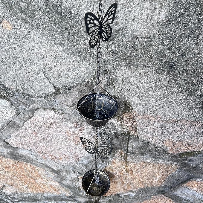 8.5FT Rain Chains for Gutters Downspouts, Butterfly and Cup Rain Gutter Chain, Functional and Decorative Replacement Rainchains for Downspout, Metal Rain Catcher Chimes for Outside, Vintage Copper