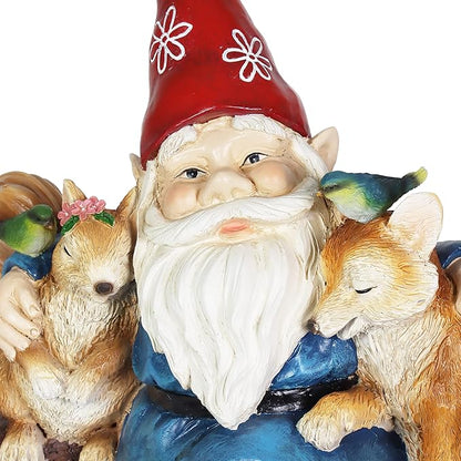 Exhart Garden Gnome, Solar Squirrel and Fox Friends Garden Sculpture, LED Birds, Outdoor Lawn and Yard Decoration, 14 x 8 x 13.5 Inch, Multicolor, Resin