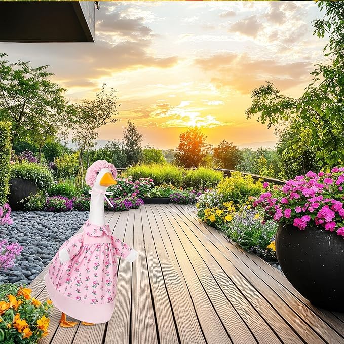 FuWeave Spring Goose Outfit Flower Porch Goose Clothes for 23" Large Statue Outdoor Patio Yard Lawn Art Decoration(Pink Floral,23 inch)